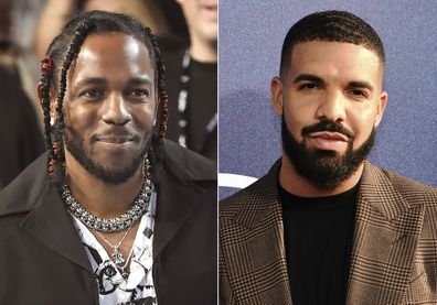 Rapper Kendrick Lamar appears at the MTV Video Music Awards, on Aug. 27, 2017, in Inglewood, Calif., left, and Canadian rapper Drake appears at the premiere of the series "Euphoria," in Los Angeles on June 4, 2019. (AP Photo, File)