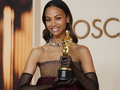 Zoe Saldana, winner of the award for best performance by an actress in a supporting role for Emilia Perez, in the press room at the Oscars on Sunday, March 2, 2025, at the Dolby Theatre in Los Angeles.