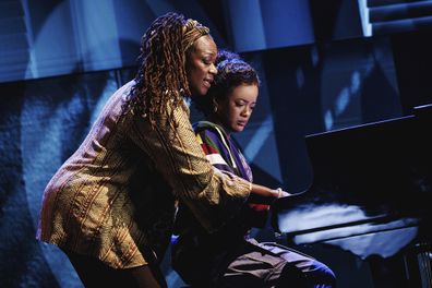 This image released by Polk & Co. shows Kecia Lewis, left, and Maleah Joi Moon during a performance of "Hell's Kitchen."
