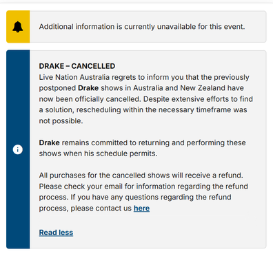Drake cancels remaining Australian shows