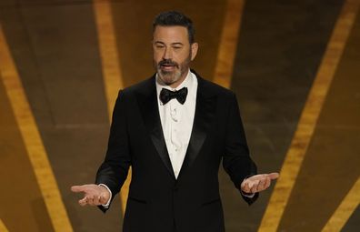 Host Jimmy Kimmel speaks at the Oscars on Sunday, March 12, 2023, at the Dolby Theatre in Los Angeles.