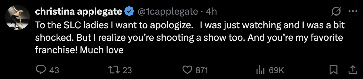 Christina Applegate Apologizes to ‘RHOSLC’ Cast After Calling Their Behavior “Super Gross” Toward ‘Below Deck’ Crew 8 Christina Applegate Apologizes to ‘RHOSLC’ Cast After Calling Their Behavior “Super Gross” Toward ‘Below Deck’ Crew