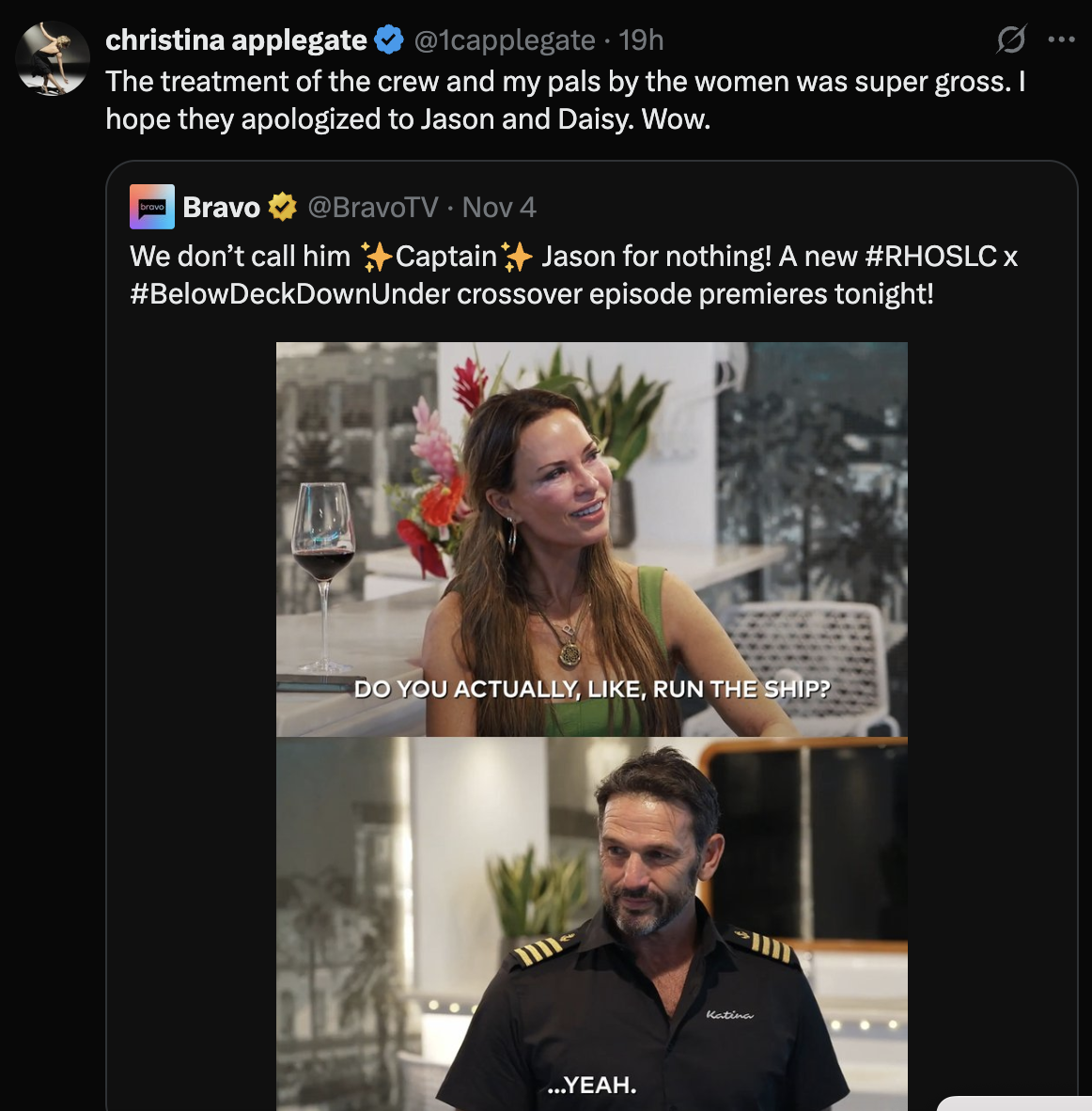 Christina Applegate Apologizes to ‘RHOSLC’ Cast After Calling Their Behavior “Super Gross” Toward ‘Below Deck’ Crew 6 Christina Applegate Apologizes to ‘RHOSLC’ Cast After Calling Their Behavior “Super Gross” Toward ‘Below Deck’ Crew