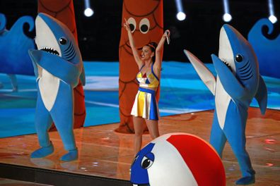 (Glendale, AZ, 02/01/15) Katy Perry preforms as the Patriots take on the Seahawks at Super Bowl XLIX at the University of Phoenix Stadium Sunday, February 01, 2015. Staff Photo by Matt Stone (Photo by Matt Stone/MediaNews Group/Boston Herald via Getty Images)