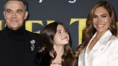 LONDON, ENGLAND - NOVEMBER 27: Robbie Williams, Teddy Williams and Ayda Field Williams attend the "Tinsel Town" World Premiere at Vue Leicester Square on November 27, 2025 in London, England. (Photo by Gareth Cattermole/Getty Images)