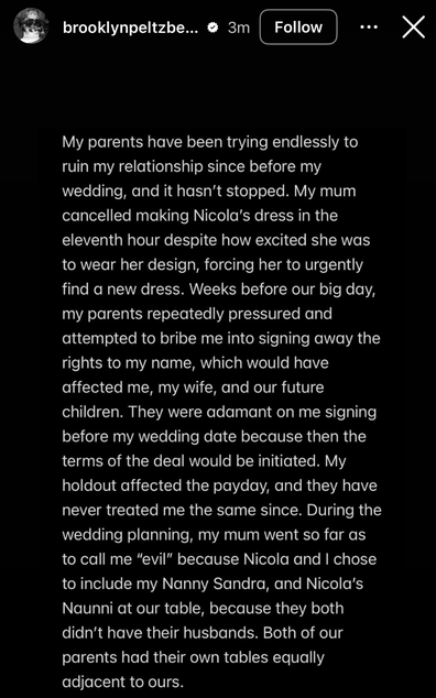 Brooklyn Beckham statement on family feud with David and Victoria