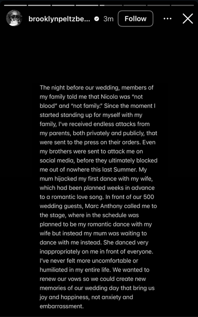 Brooklyn Beckham breaks silence on family feud with powerful statement shared on Instagram