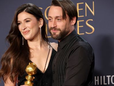 Jazz Charton and Kieran Culkin, winner of the Best Performance by a Male Actor in a Supporting Role in Any Motion Picture award for A Real Pain, pose in the press room during the 82nd Annual Golden Globe Award at The Beverly Hilton on January 5, 2025 in Beverly Hills, California. 