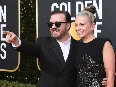 Ricky Gervais and Jane Fallon arrive at the 2020 Golden Globe Awards.