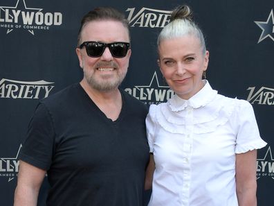 Ricky Gervais and Jane Fallon attend Ricky Gervais Hollywood Walk Of Fame Ceremony on May 30, 2025 in Los Angeles, California. 