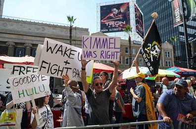 Los Angeles, CA, Monday, September 22, 2025 - Dozens of politicians and union members hold a press conference outside the Dolby Theater to denounce the censorship of television personality Jimmy Kimmel. (Robert Gauthier/Los Angeles Times)