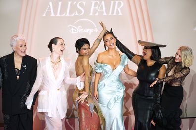 PARIS, FRANCE - OCTOBER 21: Glenn Close, Sarah Paulson, Teyana Taylor, Kim Kardashian, Niecy Nash-Betts, and Naomi Watts attend the "All's Fair" Disney+ Premiere at Maison de La Chimie on October 21, 2025 in Paris, France. (Photo by Edward Berthelot/WireImage)